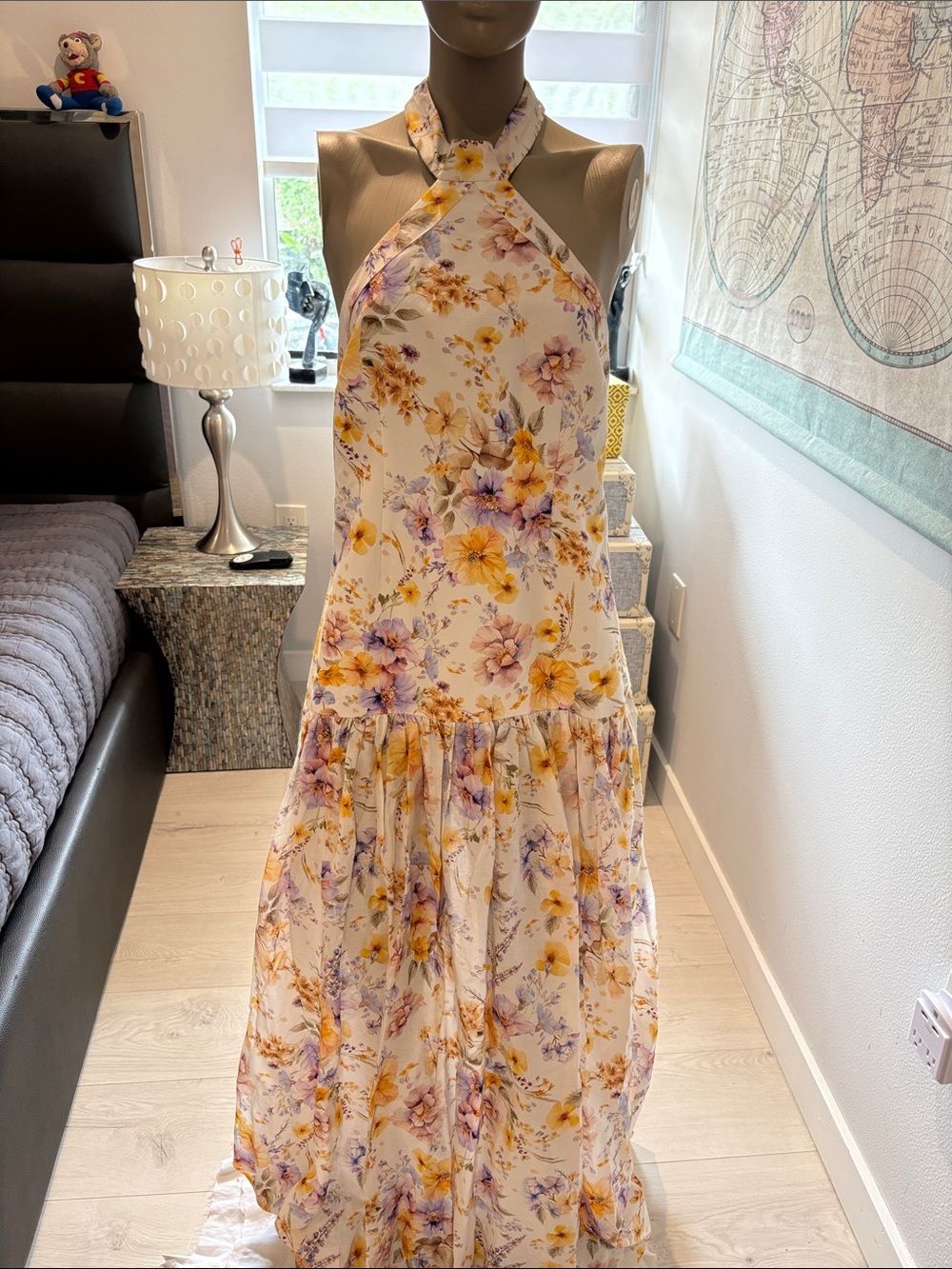 Aqua Blu Cream Floral Halter Maxi Dress with Yellow & Purple Flowers